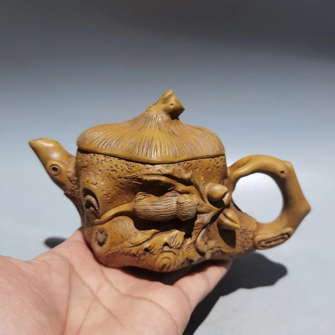 7.1in Chinese Yixing Zisha Yellow Natural Clay Handmade Peach Tree Monkey Teapot