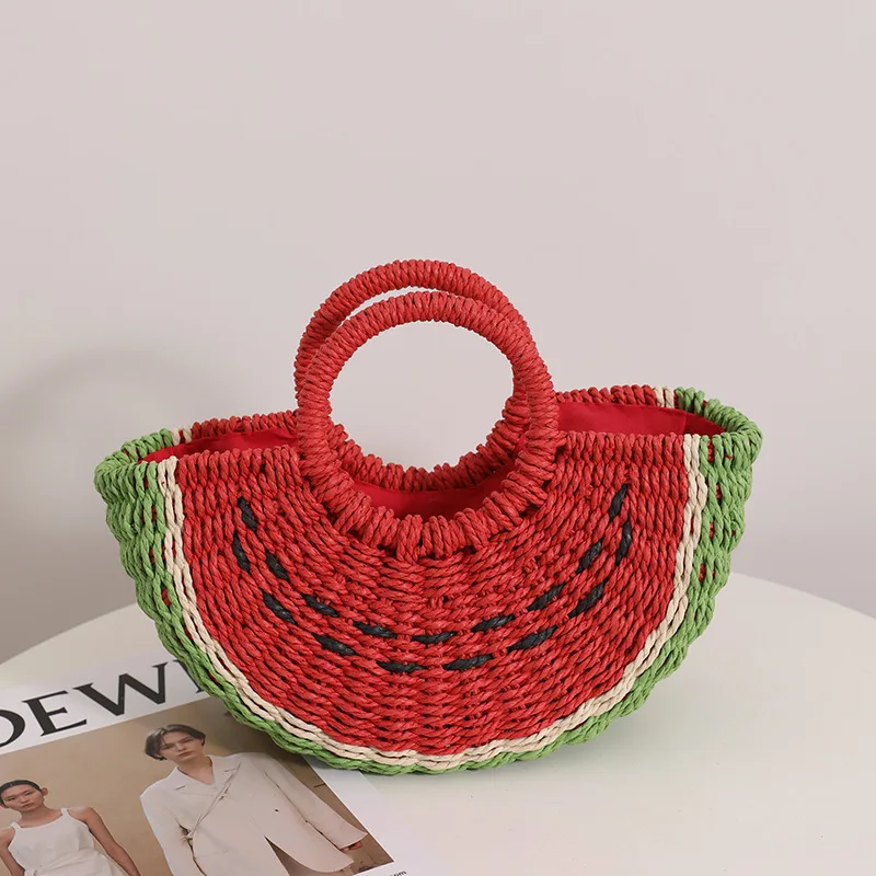 Small Fresh Candy Color Watermelon Portable Straw Braided Bag Cute Fruit Braided Bag Seaside Vacation Beach Bag Clothing Match