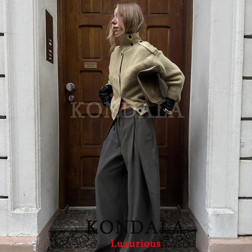 KONDALA Casual Chic Mustard Yellow Knit Cardigans Women Turtleneck Singel Buttons Sweater Fashion 2025 Autumn Winter Thick Tops