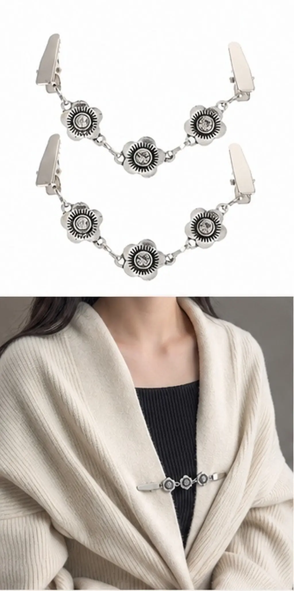 2Pcs Premium Zinc Alloy Flower Sweater Shawl Clips for Women Formal Casual Wear Wedding Dating Outfit Styling Accessories
