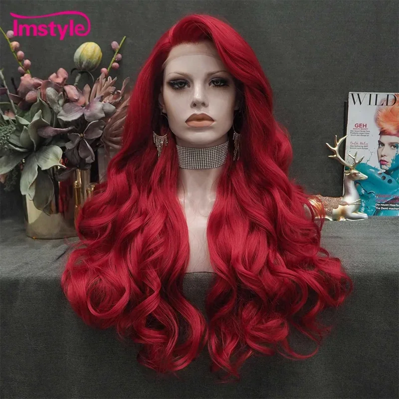 SN88 Imstyle Red Wig Long Synthetic Lace Front Wig Natural Wavy Cosplay Wigs For Women Heat Resistant Fiber White Brown Lace%#2@