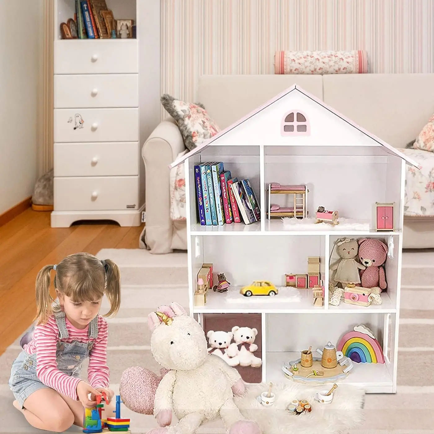 Wooden Dollhouse Bookshelf 3-Tier Doll House Bookcase Kids Books Toys Storage Organizer Shelves for Children's Bedroom