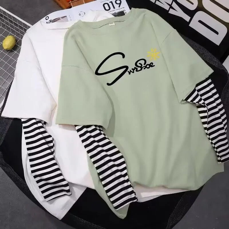 الموضة الكلاسيكية العصرية وهمية قطعتين تي شيرت بأكمام طويلة المرأة 2025 الربيع والخريف نمط جديد فضفاض الكرتون الربط #5