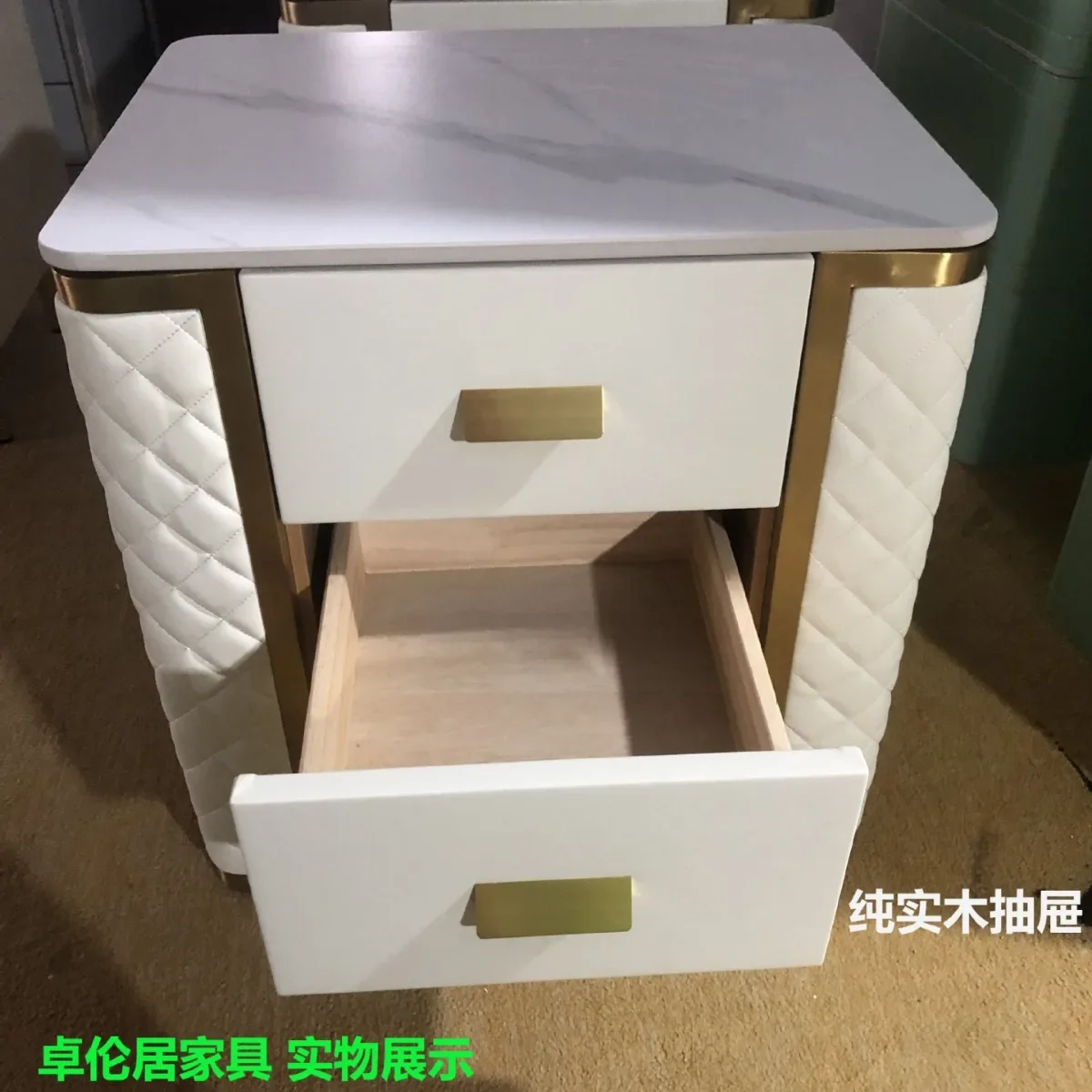 Modern simple solid wood bedside table Nordic light luxury bedroom bedside table High-end rock slab countertop storage cabinet F