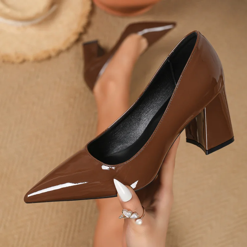 

Pointed Toe Sexy High Heels for Women, New Style Chunky Heel Shallow Patent Leather Women's Pumps