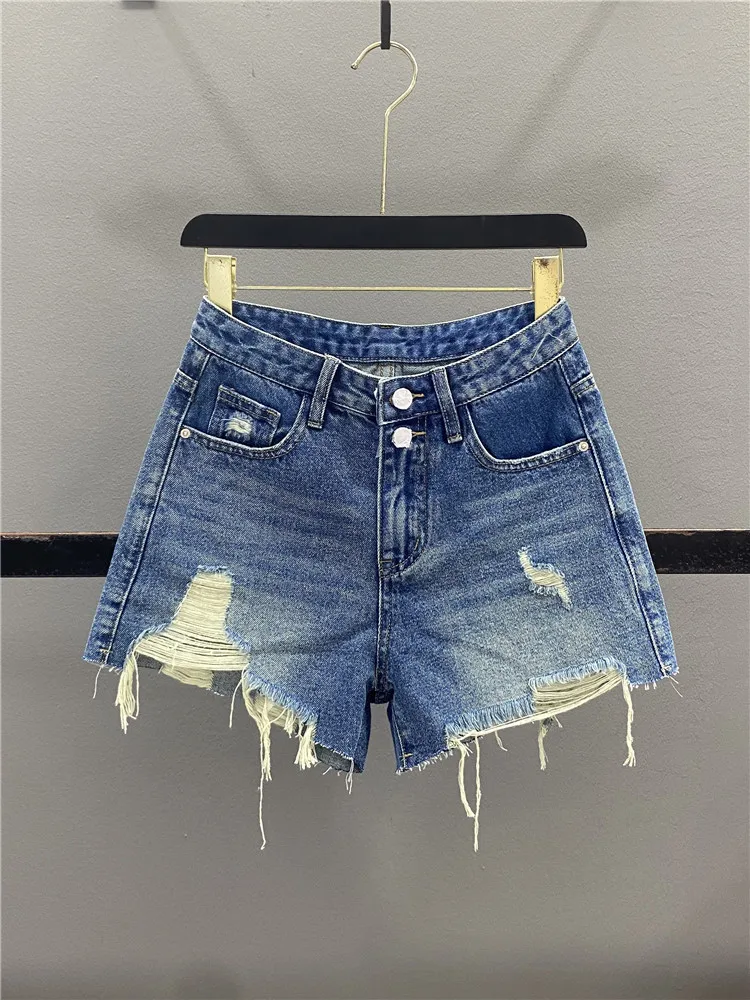 

American Style Spicy Girl High Waist Denim Shorts Women Summer Design Sense Hole Ripped Slim a Line Wide Leg Hot Pants