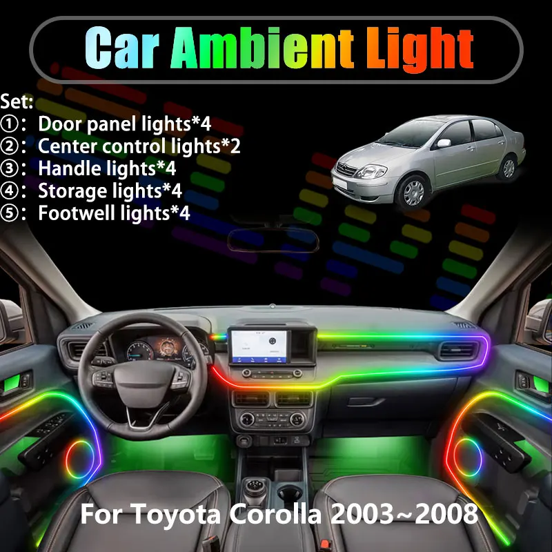 

Для Toyota Corolla 2003~2008 MK9 Allex 2/18 в 1: светодиодная подсветка салона и багажника, USB RGB-подсветка, комплект Streamer.