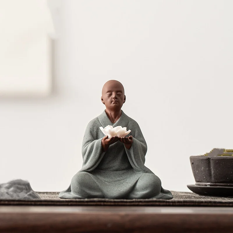 Porcelain Monk Statue Holding Lotus Incense Stick Hold Zi Sha Buddhism Zen Decor