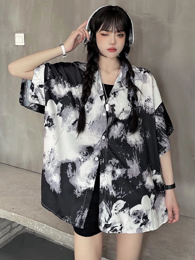 

Streetwear Short Sleeve Tie Dye Printing Women Shirts 2025 Summer Oversize Button Up Blouses Korea Style Female Clothing Tops