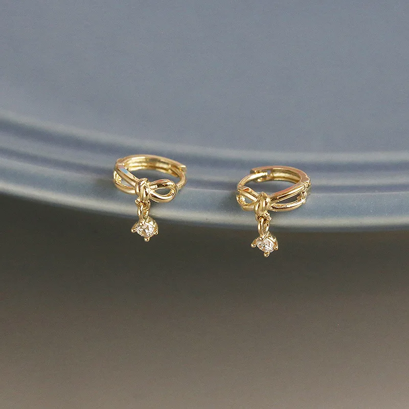 925 Sterling Silver Korean Sweet Bow Zircon Pendant Earrings for Women High Quality Simple Party Jewelry