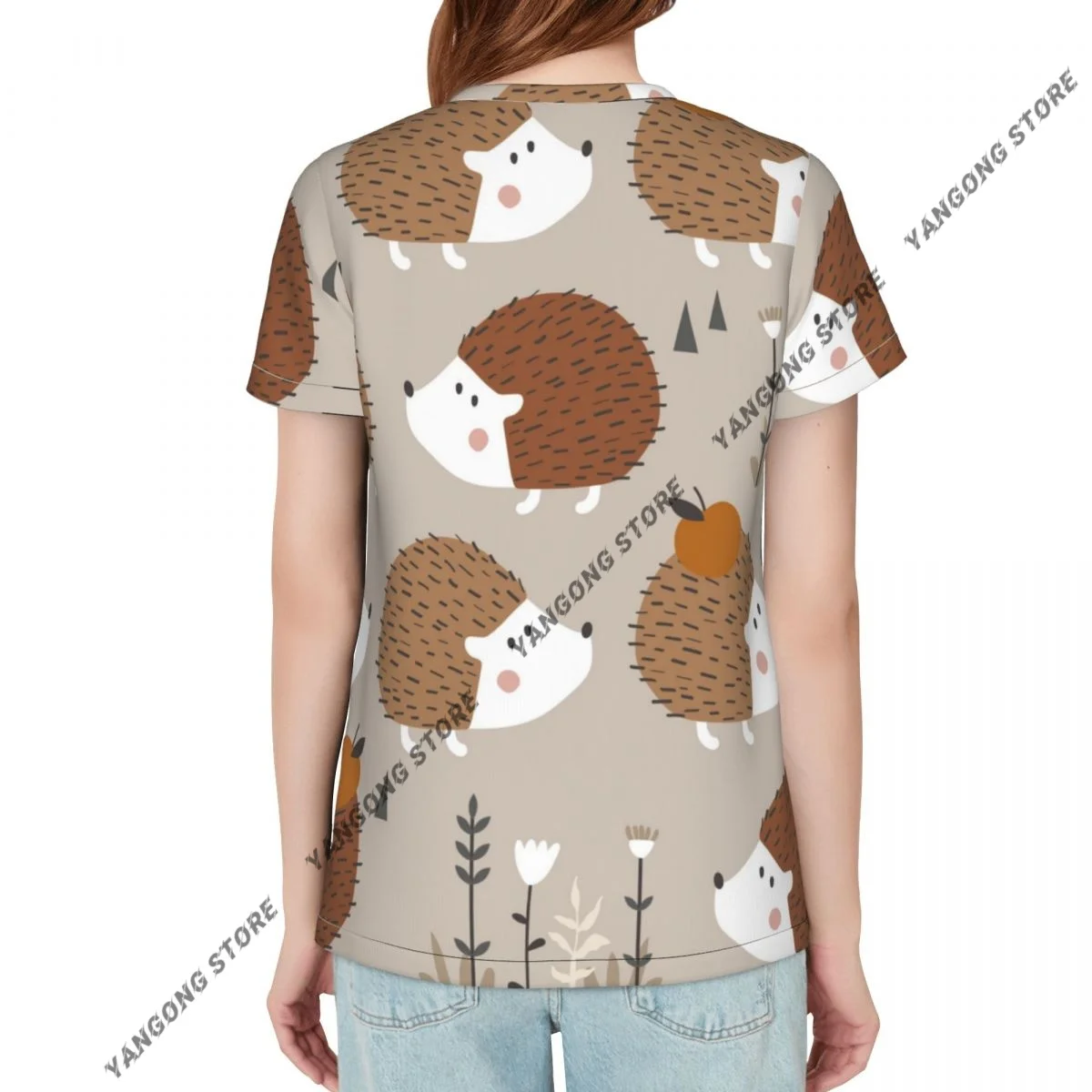 Women's T-shirt Cute Hedgehogs Apples Hand Drawn Pattern Tshirt Women Casual O-Neck Short Sleeve Tops Tees Clothing