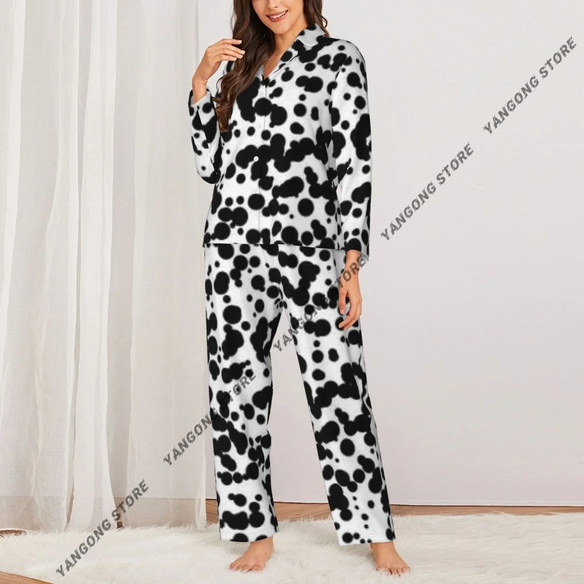 Women Sleepwear Loungewear Dalmatian Dog Pattern Long Sleeve Lapel Neck Shirt and Elastic Waist Pants Pajamas Set