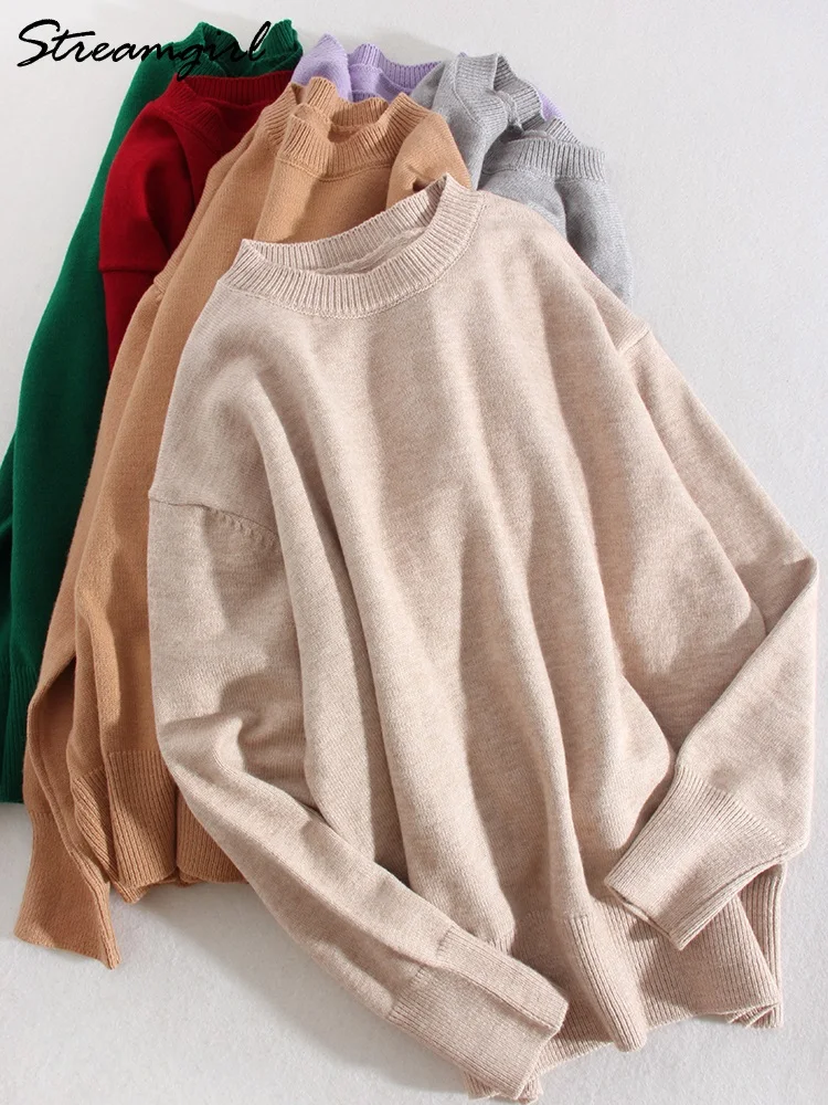 Streamgirl Khaki Winter Sweater Women Fashion Knitwears Oversize Pullovers O Neck Warm Green Oversized Sweater Women Knit Tops