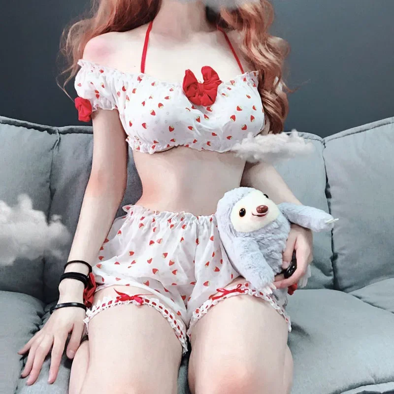 Pijamas de Morango Kawaii para Mulheres, Camisola Bordada, Traje Cosplay Girl, Conjunto Lingerie Sexy Bonito, Uniforme, Roupa Interior para Mulheres