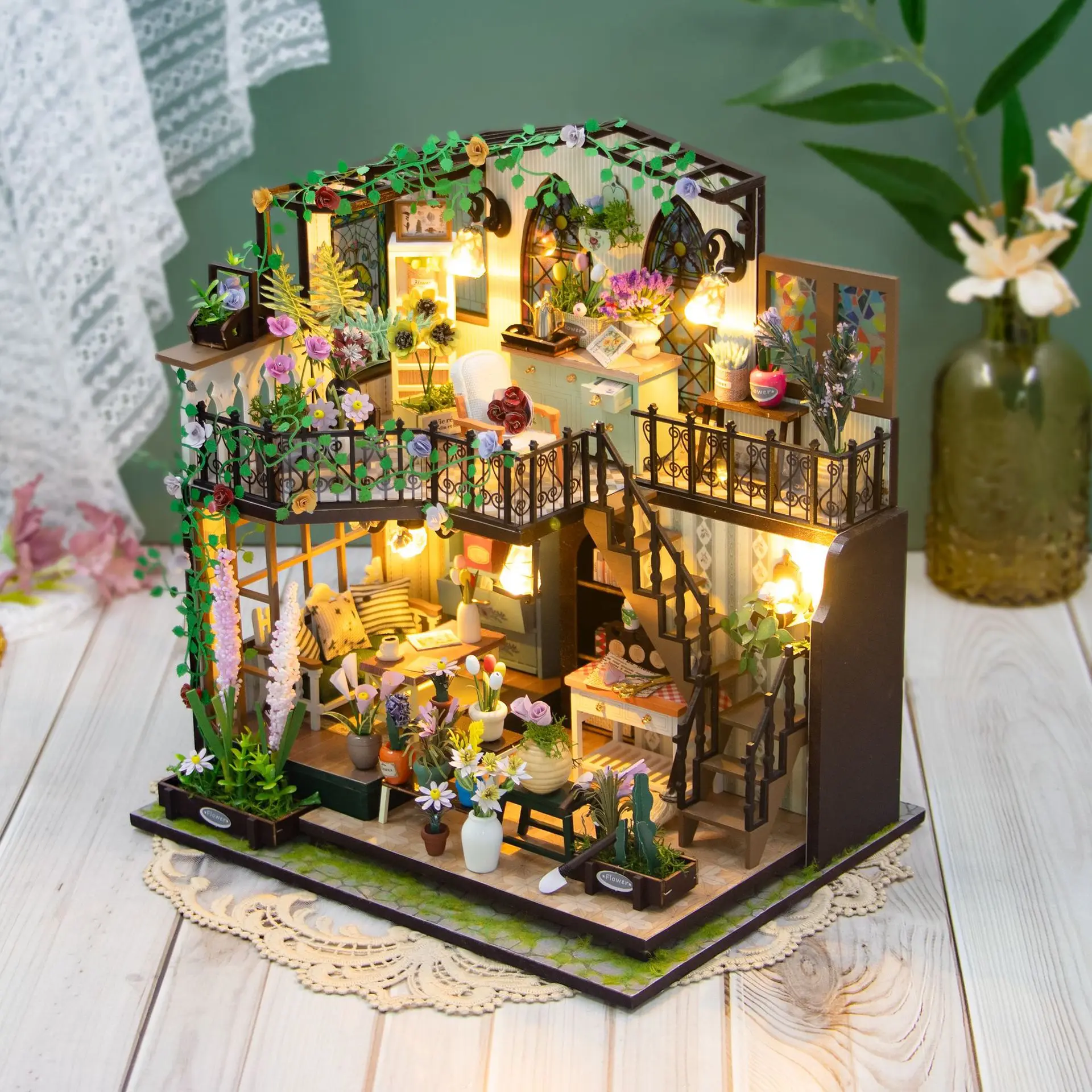 OUZEY Kit de bricolage pour maison de poupée en bois 3D - Modèle miniature "Cottage confortable" avec meubles et éclairage, cadeau de décoration pour la maison pour adolescents et adultes