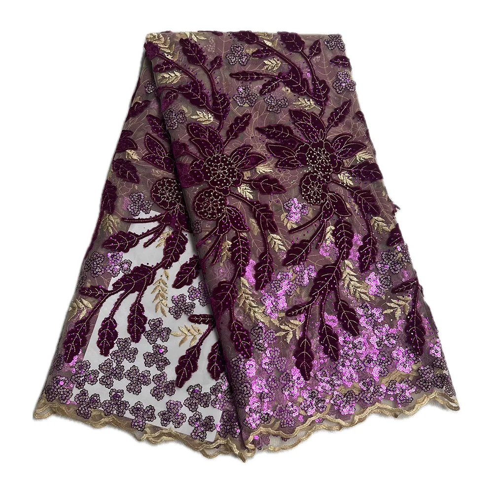 

High Quality Sequined Velvet Lace Fabrics Women Tulle Mesh Hot Sale Embroidery Velvet Lace Fabric For Weddings Dress Luxury
