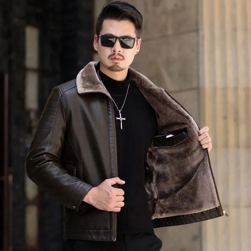 2023 Winter New Middle-Aged Coat Men Fleece Lined Padded Warm Solid Color Leather Jacket Casual Versatile Outerwear