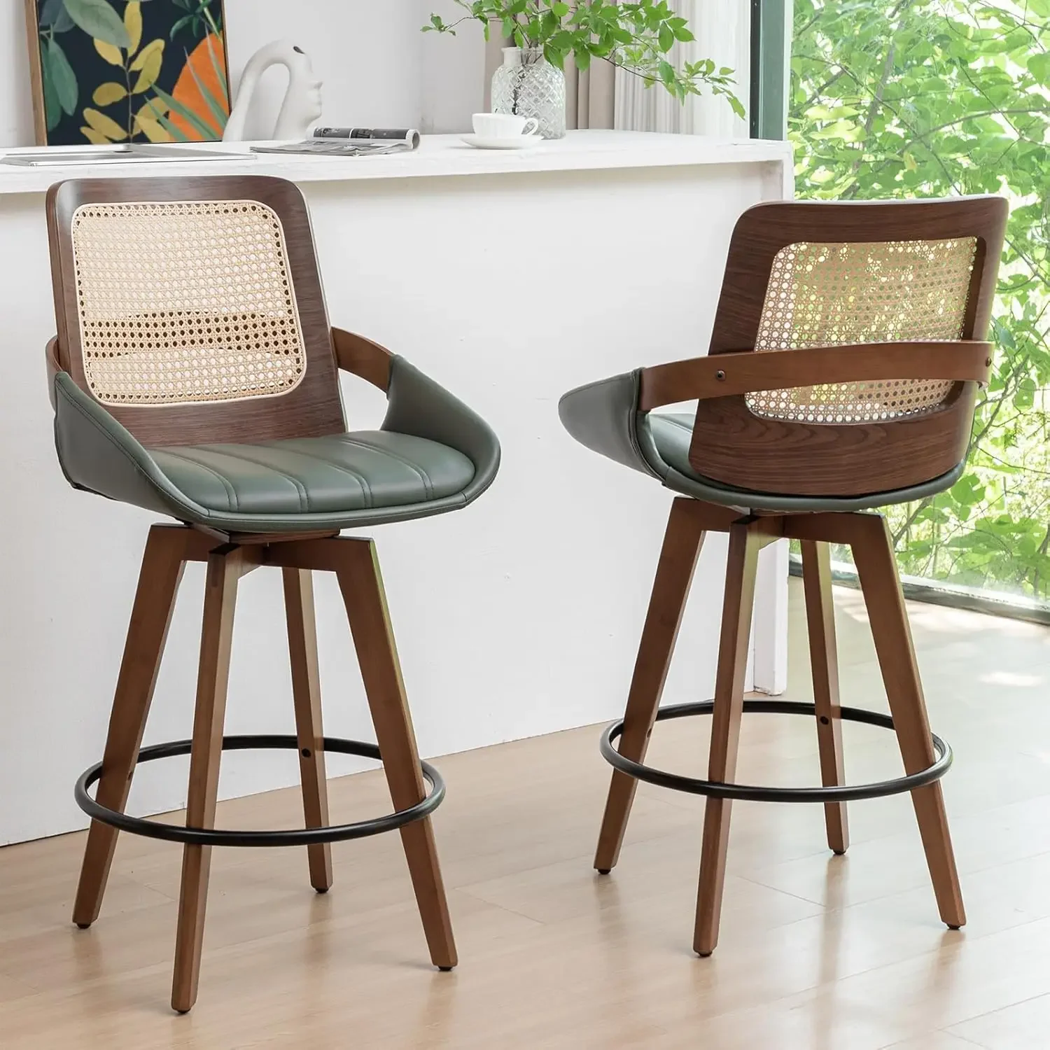 

Green Swivel Counter Stools Set of Two 26 Inch Seat Height Cane Back Curved Arms Faux Leather Upholstered Island Pub Kitchen Caf