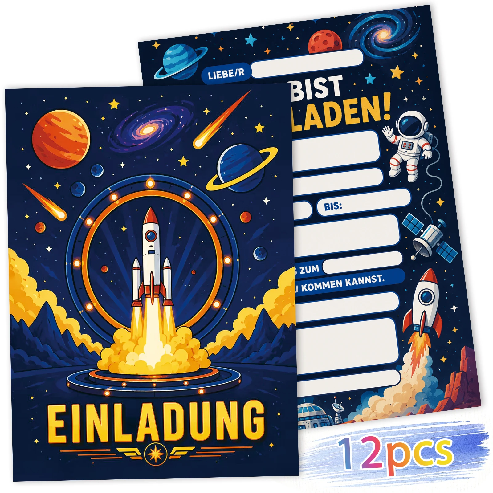 12 tarjetas de invitación con temática espacial que presentan cohetes, planetas y astronautas, ideales para fiestas temáticas, fiestas de cumpleaños, escuela