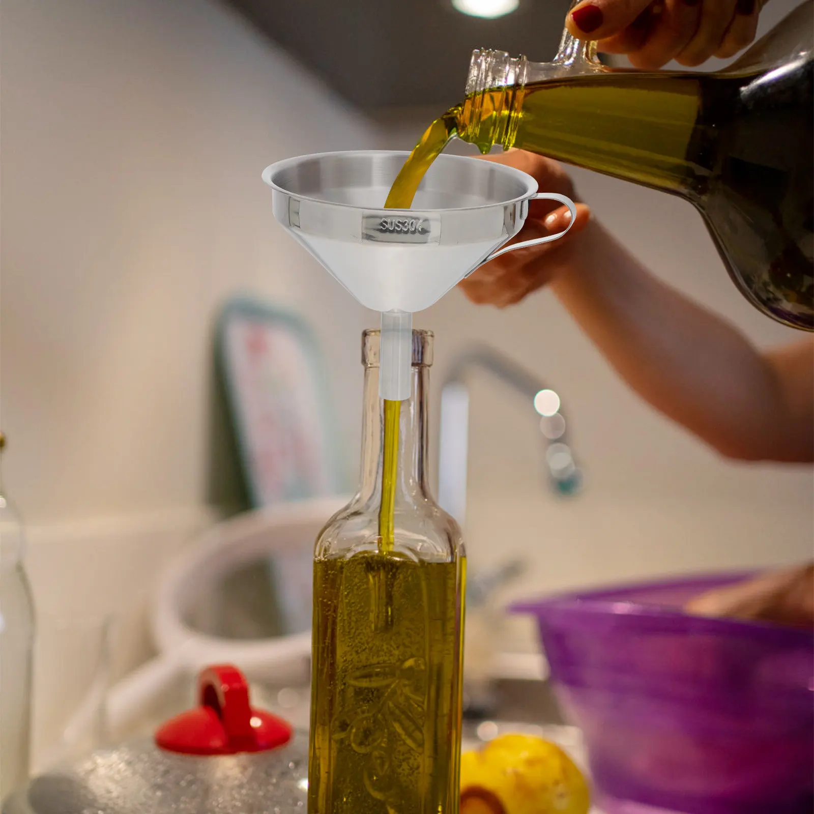 

1 set Stainless Steel Funnel For Oil Wine Liquid Transferring Kitchen Tool Home Use Soy Sauce Filter Funnel For Jars Bottles