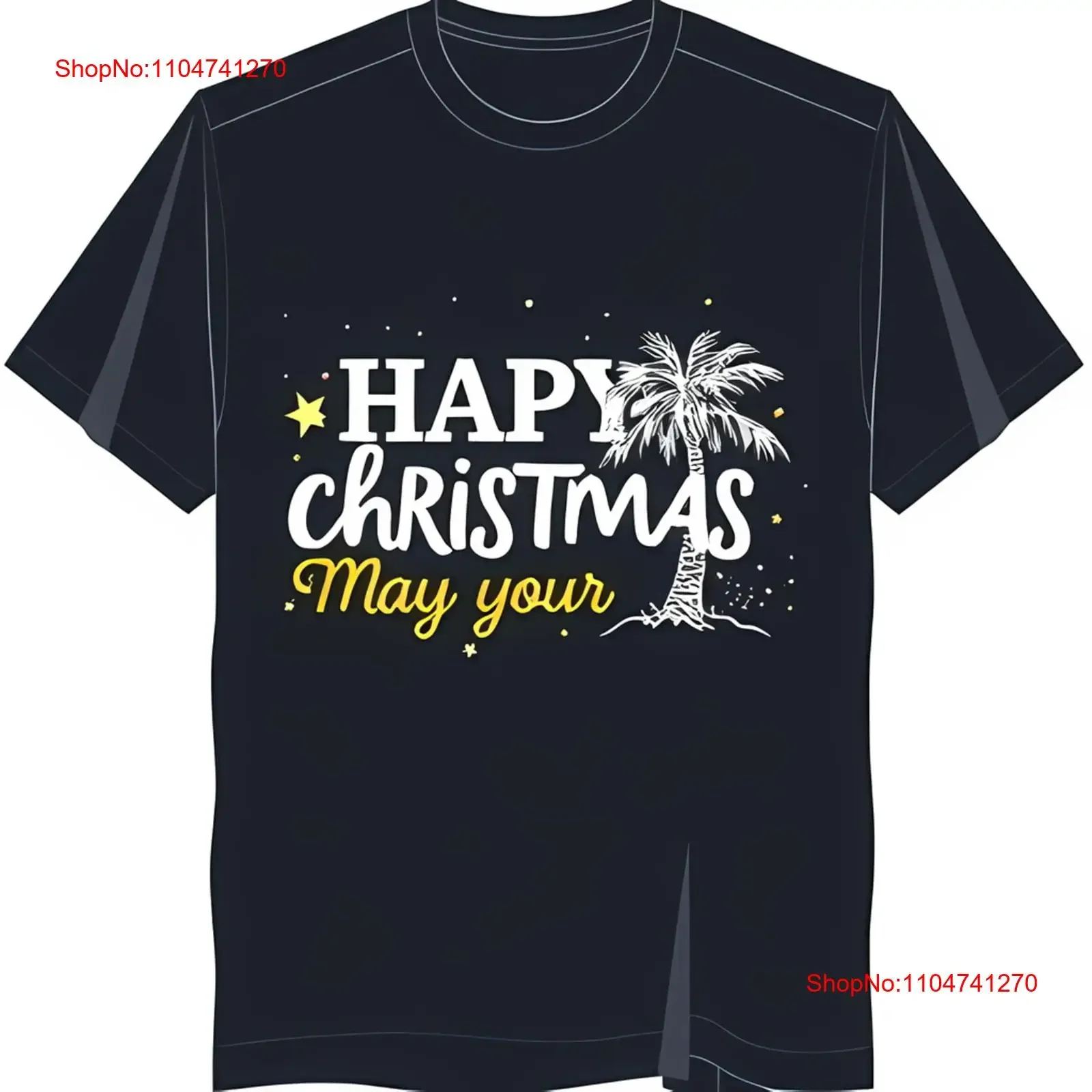 

Black T Shirt with White Gold Tree Design 'Happy Christmas May Your' vintage Washed homme Breathable fashion Unisex Casual