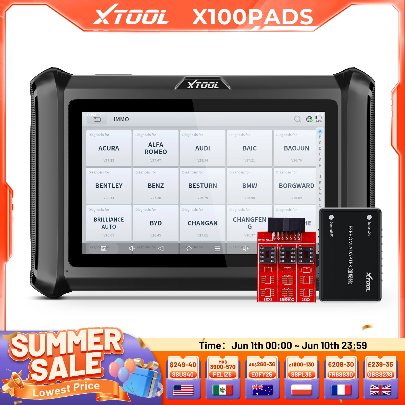 XTOOL X100 PADS V2.0 programmeur de clé Scanner automobile IMMO lecture écriture puce toutes les clés perdues outil de Diagnostic OBD2 avec CANFD DOIP