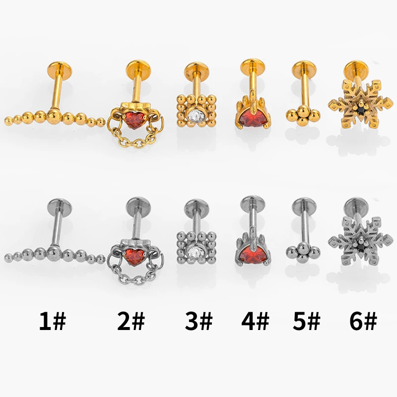 1PC Surgical Steel Red Labret Snow Crystal Cluster Helix Tragus Cartilage Flat Base Ear Studs Piercing Jewelry 16G