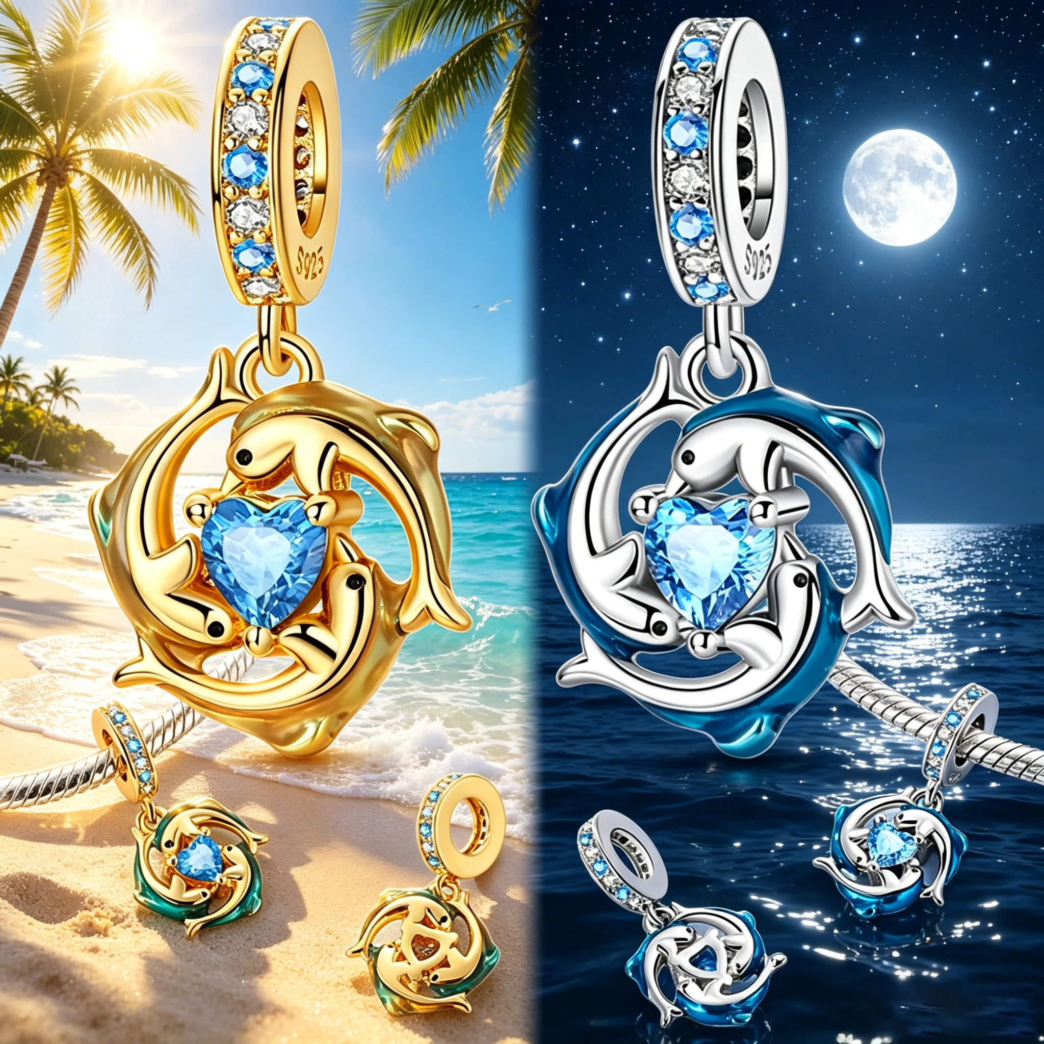 

Dolphin Dangle Charm 925 Sterling Silver Blue Heart CZ Pendant Bead Fits European Charm Bracelets Women Ocean Jewelry Gifts
