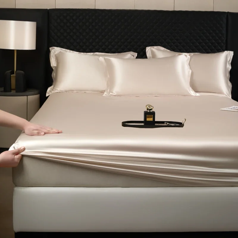 High End Mulberry Silk Fitted Bed Sheet Set with Pillowcases Deep Pocket Double Mattress Cover Solid Luxury Silky Elastic Sheet