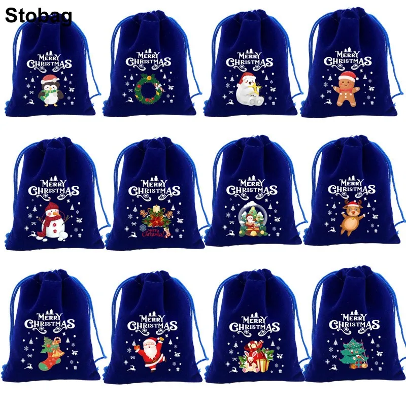 

StoBag 5pcs Merry Christmas Velvet Bags Small Candy Gift Packaging Drawstring Storage Child Kids Pocket Pouches Party Favors