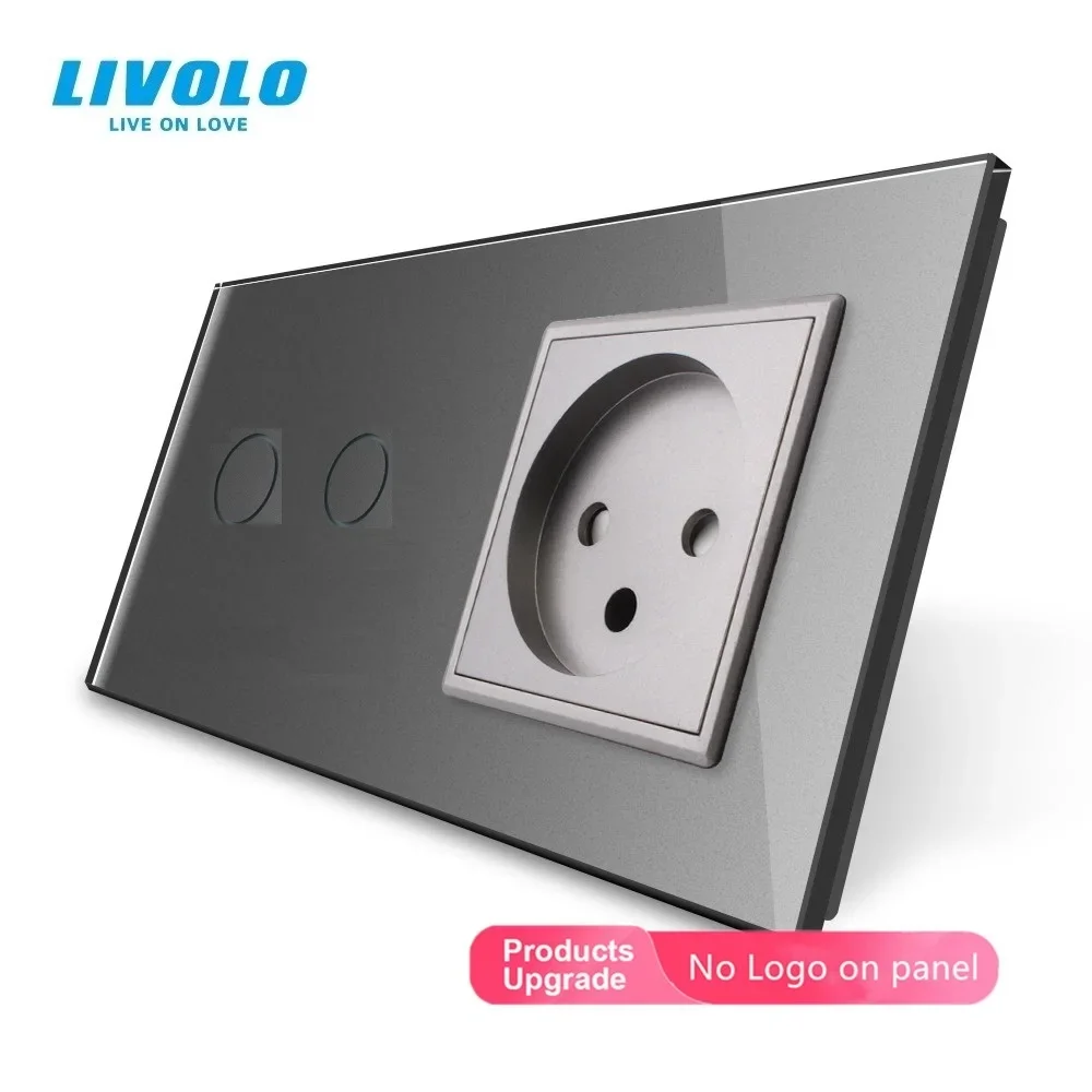 Livolo 2 Gang Wall Touch Switch,and Israel Power Socket, Crystal Glass Panel, AC 100~250V 16A VL-C702/C1IL-11 EU Standard