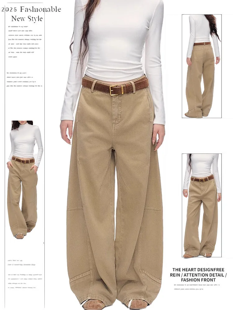 

Широкие джинсы цвета хаки в американском стиле ретро, женские весенне-осенние свободные утягивающие брюки с высокой талией длиной до пола