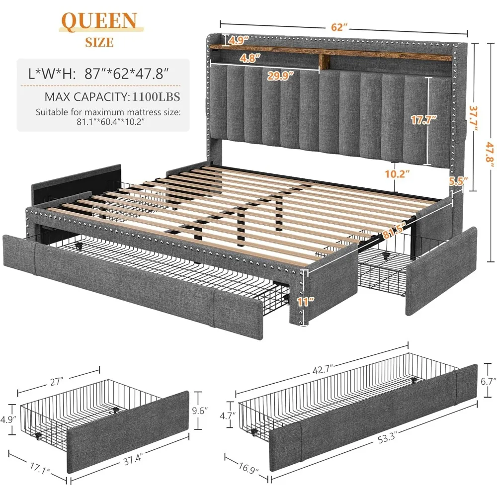 Estructura de cama tamaño Queen con 3 cajones, estructura de cama tapizada con cabecera, estructura de cama con almacenamiento, no necesita somier, sin ruido