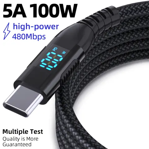 Cavo USB C a USB C da 100 W 1 PC Cavo di tipo C intrecciato in nylon da 10 piedi Cavo di ricarica rapida PD con display a LED per lPhone 15 15 Pro