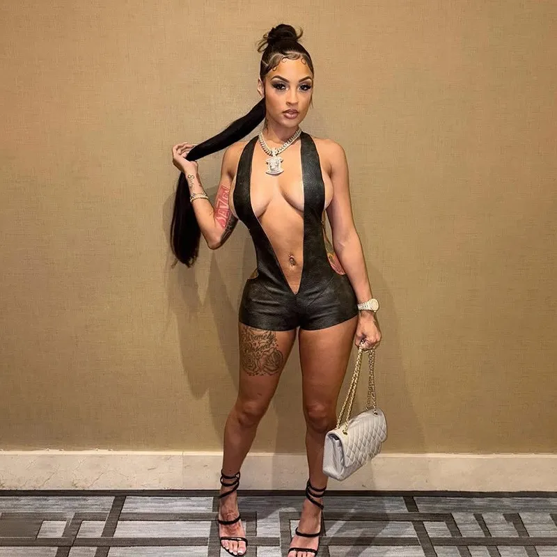 

Summer Clothes Woman Jumpsuit Backless Deep V Neck Jumpsuits Black Halter Faux Leather Romper High Waist Cut Out Rompers