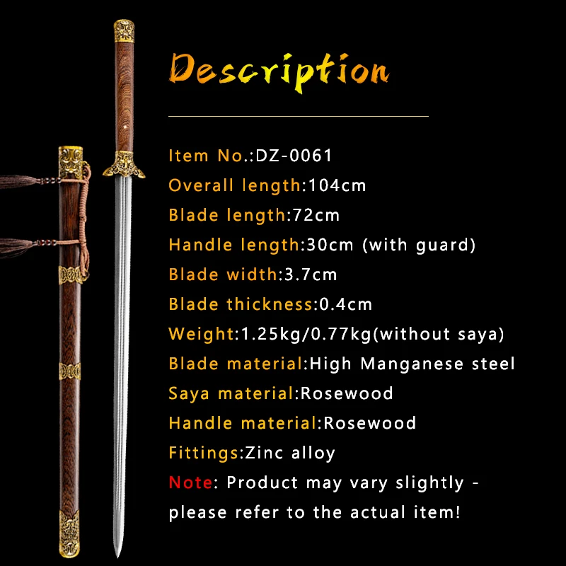 Traditional Chinese Han Dynasty Sword,Manganese Steel Sharp Blade,Hand Forged,RoseWood Scabbard,Collectible Martial Arts Swords
