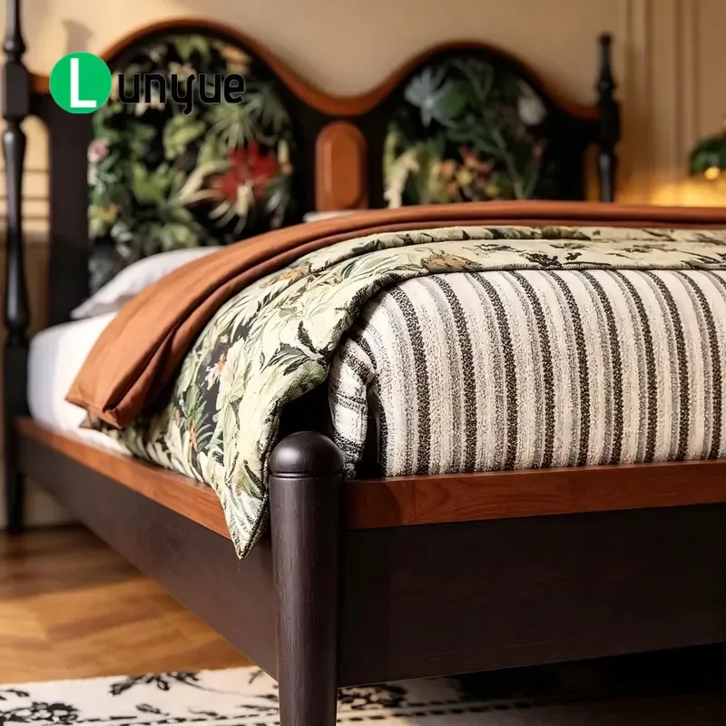 Padded Ash Wood Bed Frame with Fabric Floral Headboard Mid Century Modern Soft Upholstered Platform Bed for Single Double
