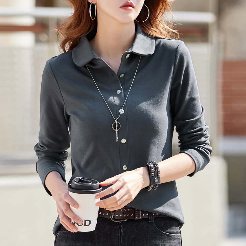 Pure cotton polo collar long sleeved t-shirt women\'s loose spring/summer new slimming and versatile fashion polo collar top