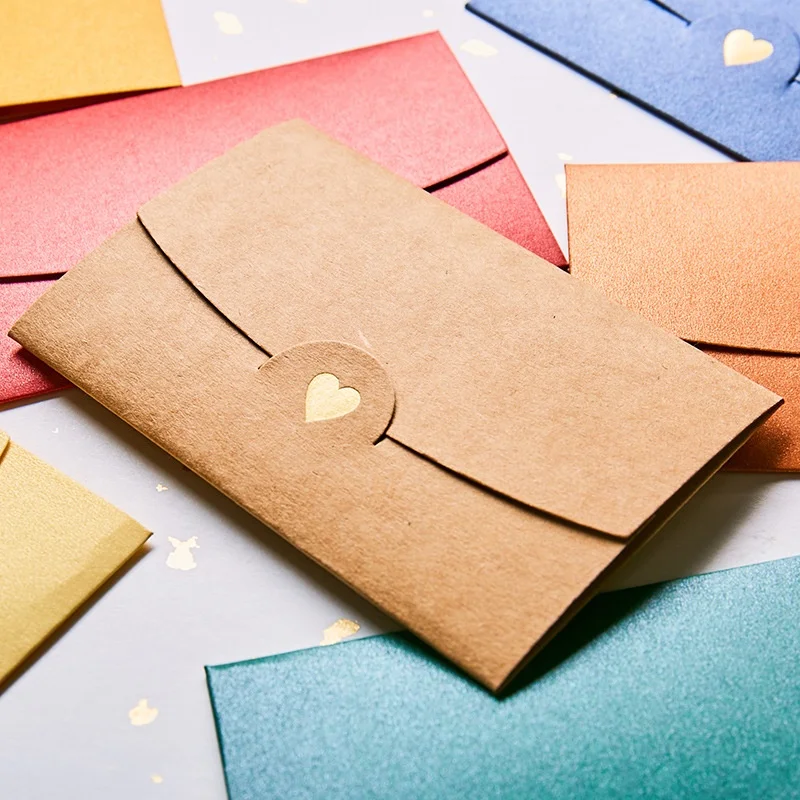 10 Sobres de Papel Perlado con Diseño de Corazón en Dorado, Mini Sobres Coloridos, Fundas Pequeñas para Tarjetas de Felicitación