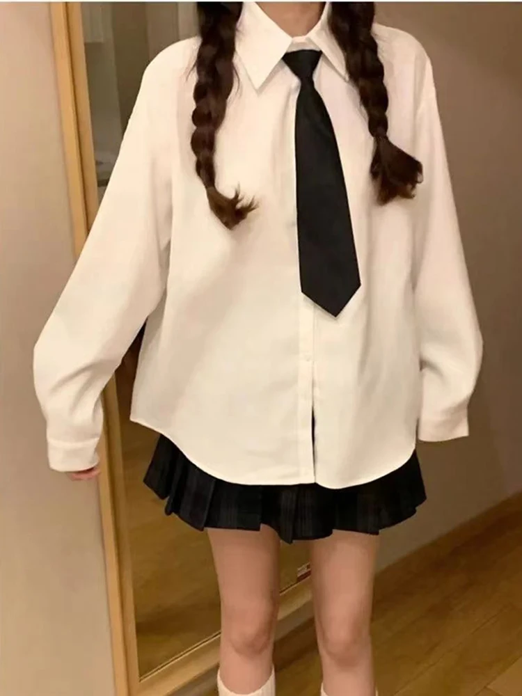 White Jk Women Shirt Tie Preppy Simple All Match Fall Loose Long Sleeve Blouse Daily Casual Fashion Japanese Uniform New Tops