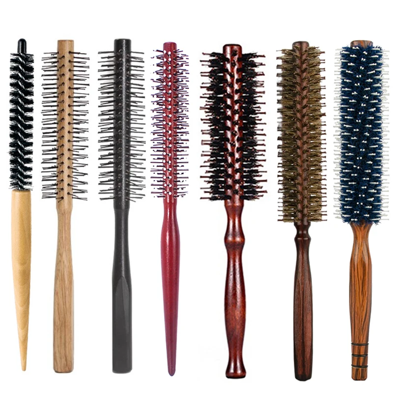1Pcs Holz Griff Runde Roll Pinsel Gerade Twill Haar Kamm Wildschwein Borsten Runde Barrel Haar Curling Pinsel Friseur Werkzeug