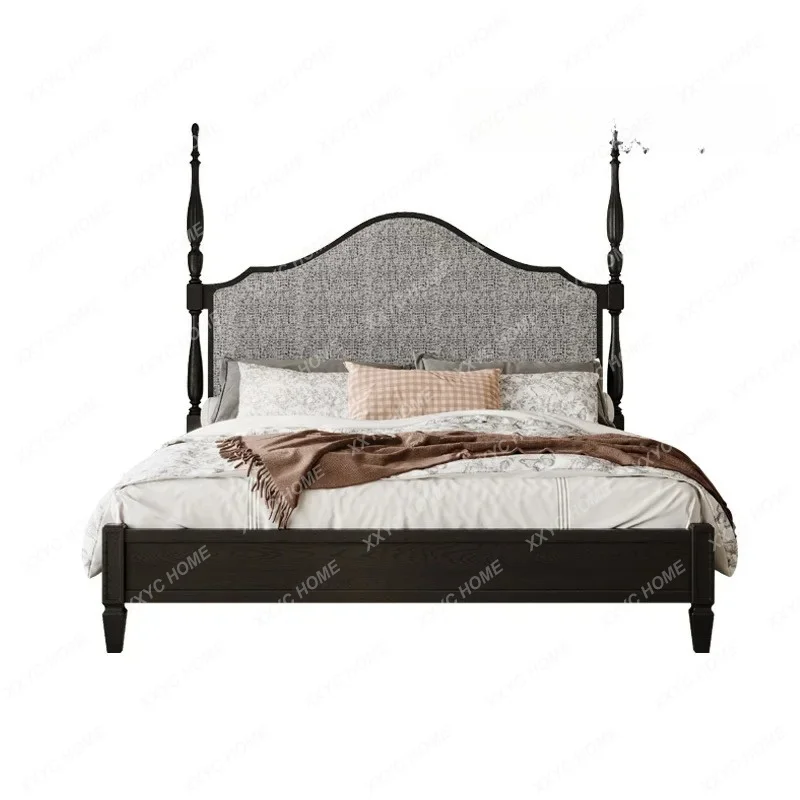 XX X Retro Old Paris Solid Wood Double Bed Country Soft Bag Bed High Back Fabric Jacquard Bed