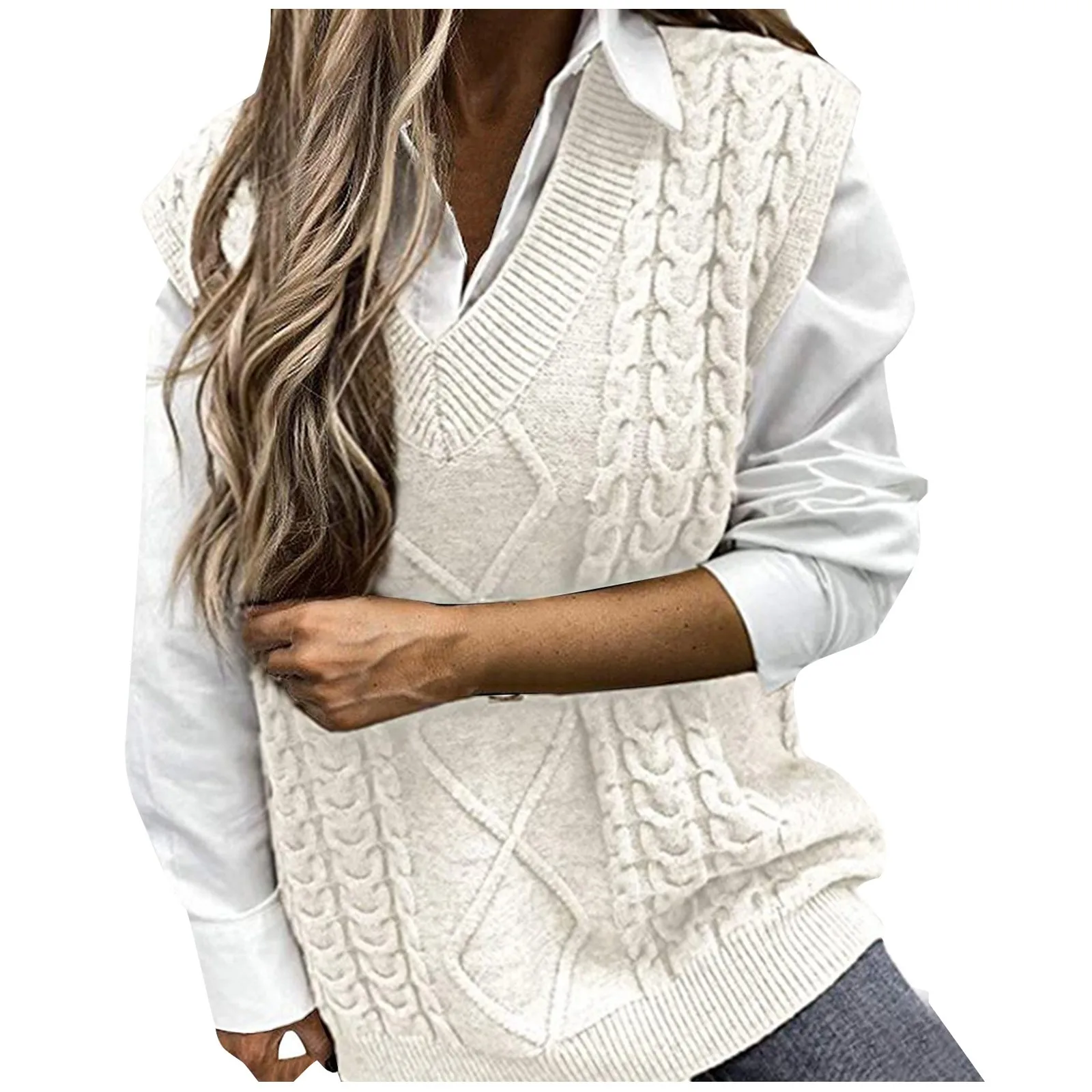 Women\'s Ladies Fashion Sweater Solid Color V-neck Sleeveless Dough Vest Sweater