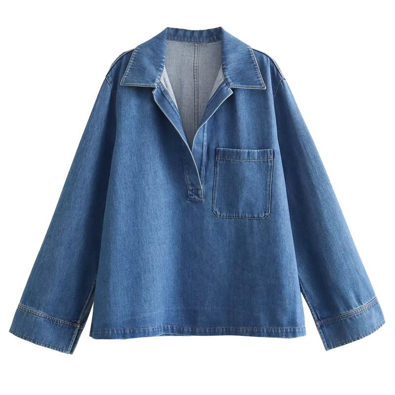 HXAO 2024 Woman Fashion Loose Denim Blouses Women Pulovers Shirts & Blouses Women Large Size Long Sleeve Top Autumn New Products