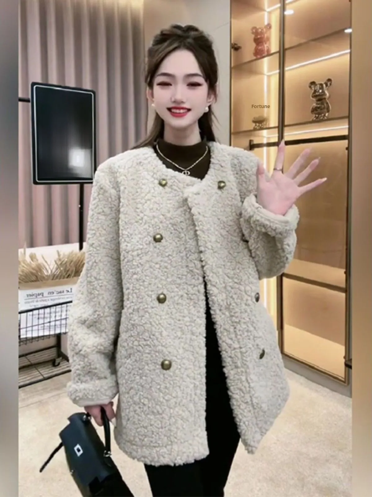 

Thiened Lamb Velvet ort Coat Women's Autumn Winter Pure Color Loose Double Button Warmth ort Outerwear European Sle