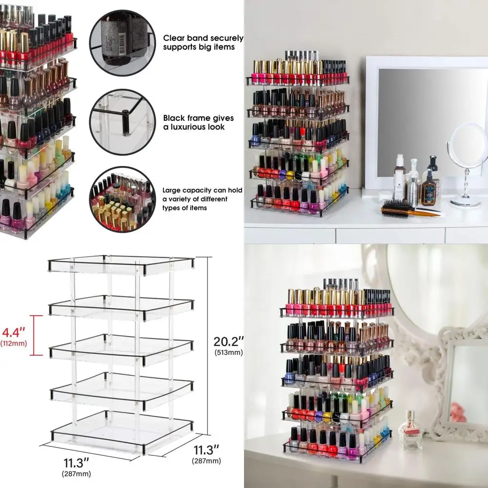 

5-Tier Acrylic Nail Polish Organizer with 360° Rotating Display, Makeup & Cosmetics Storage Carousel Shelf, Black Iron Guard, Ho