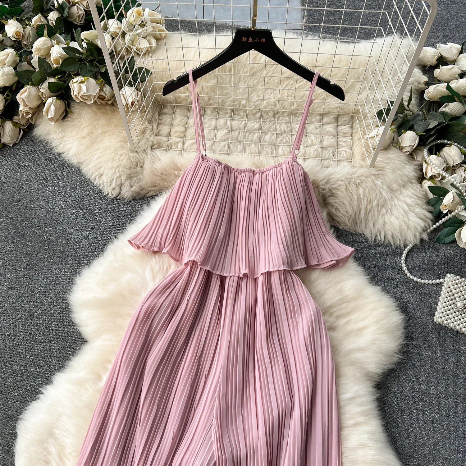 Vacation Loose Jumpsuit Strap Backless Thin Romper Streetwear Women INS One-Piece Outfit Beach Style Pleated Bodysuits