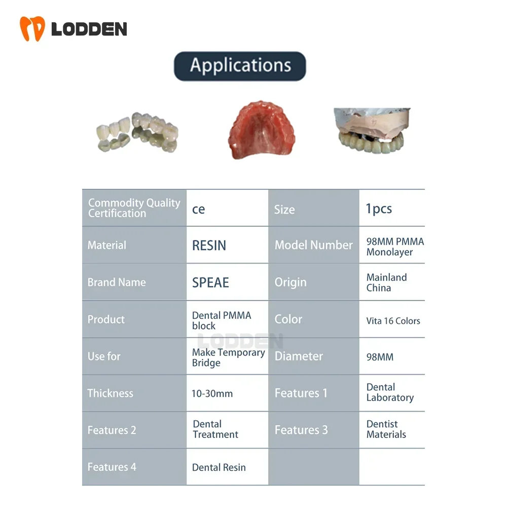 Lodden Dental PMMA Monolayer 98MM For Dental Lab Material Preshade Monochrome Resin Disc CAM/CAD VITA 16 Color Dentist Materials