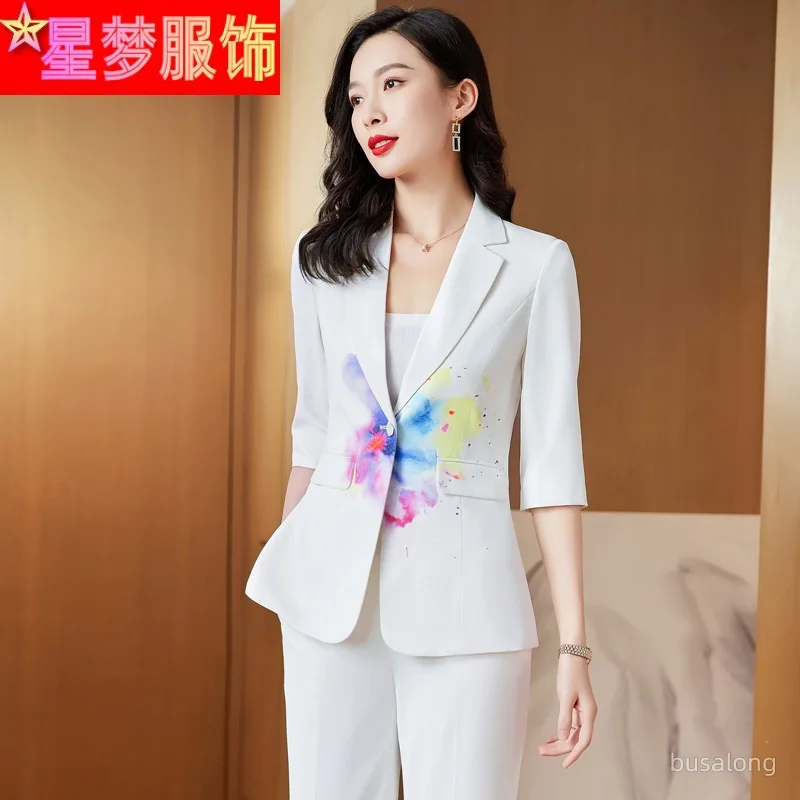 

Three-Quarter Sleeve White Suit Female 2023 Spring and Summer French Bleached White Collar Casual Business Attire Beauty Tempera