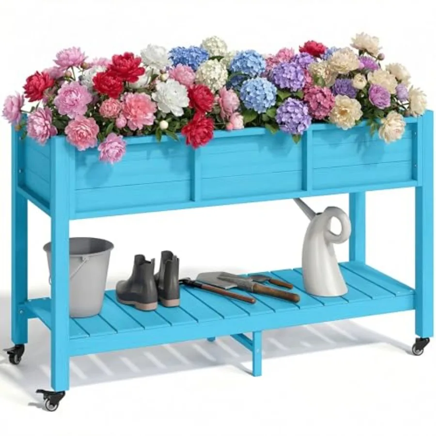 

Приподнятая грядка из HDPE 47x18x31 дюймов, устойчивая к погодным условиям, из полимерного дерева, с блокирующимися колесами, для хранения